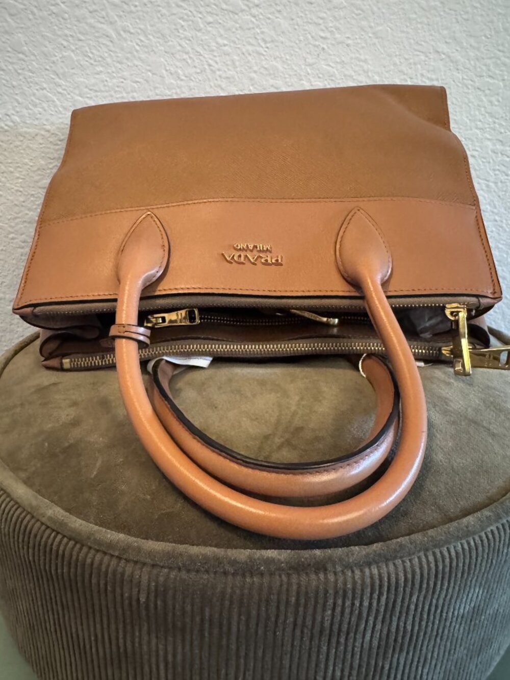 Prada Saffiano Leather Brown Tan Satchel Tote Crossbody Bag - Picture 10 of 14